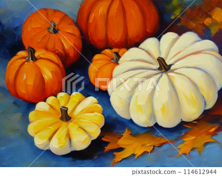 Decorative ornamental orange pumpkins. A jack-o'-lantern or jack o'lantern. Halloween or Hallowe'en, Allhalloween, All Hallows' Eve, or All Saints' Eve. Bright vegetable background - still life 114612944