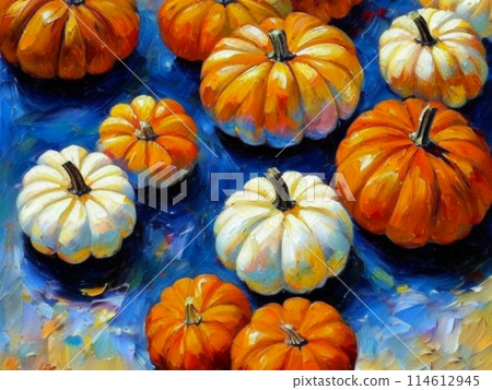 Decorative ornamental orange pumpkins. A jack-o'-lantern or jack o'lantern. Halloween or Hallowe'en, Allhalloween, All Hallows' Eve, or All Saints' Eve. Bright vegetable background - still life 114612945