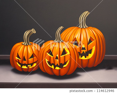 Decorative ornamental orange pumpkins. A jack-o'-lantern or jack o'lantern. Halloween or Hallowe'en, Allhalloween, All Hallows' Eve, or All Saints' Eve. Bright vegetable background - still life 114612946