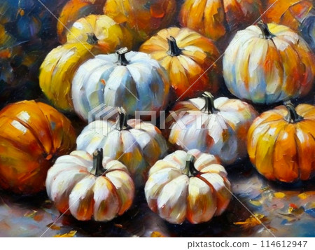 Decorative ornamental orange pumpkins. A jack-o'-lantern or jack o'lantern. Halloween or Hallowe'en, Allhalloween, All Hallows' Eve, or All Saints' Eve. Bright vegetable background - still life 114612947