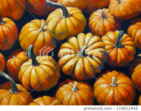 Decorative ornamental orange pumpkins. A jack-o'-lantern or jack o'lantern. Halloween or Hallowe'en, Allhalloween, All Hallows' Eve, or All Saints' Eve. Bright vegetable background - still life 114612948