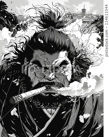 Traditional samurai smoking a cigar, monochrome cartoon style illustration 114613344