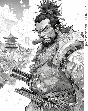 Traditional samurai smoking a cigar, monochrome cartoon style illustration 114613348