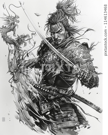 Samurai warrior in fighting stance, abstract ink painting art, text space 114613468