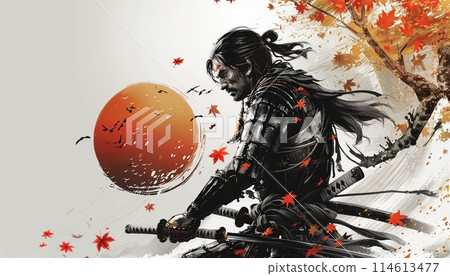 Samurai warrior in fighting stance, abstract ink painting art, text space 114613477