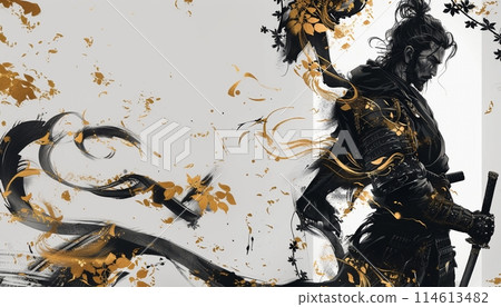 Samurai warrior in fighting stance, abstract ink painting art, text space 114613482