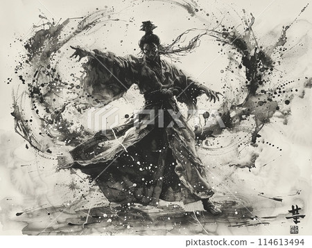 Samurai warrior in fighting stance, abstract ink painting art, text space 114613494