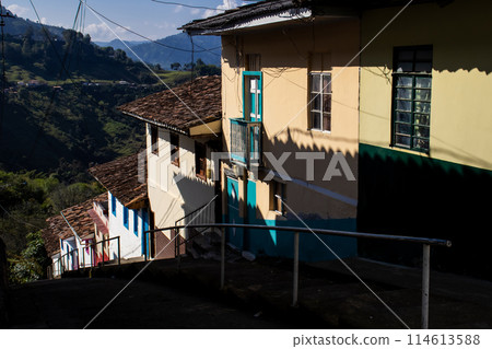 Beautiful streets at the historical downtown of the heritage town of Salamina located at the Caldas department in Colombia. Beautiful streets at the historical downtown of the heritage town of Salamina located at the Caldas department in Colombia. 114613588