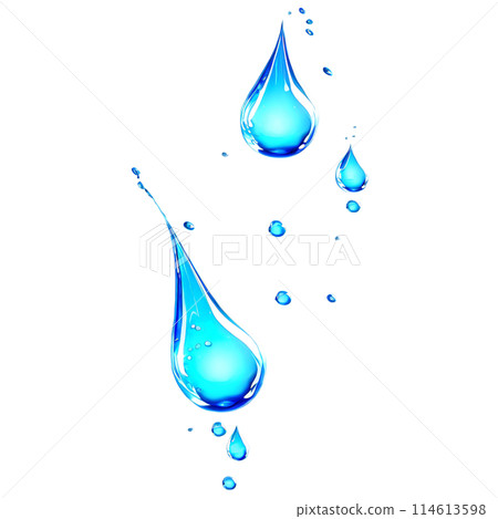 Abstract drop water paint strokes and ink drops in aqua watercolor on transparent background. 114613598