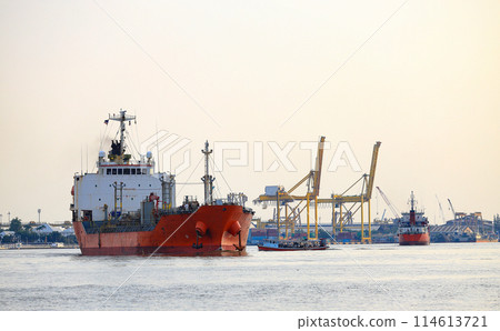 ocean liner, Cargo Ship, Thanker going to port in thai gulf zone near samutprakarn province, Thailand. 114613721