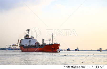 ocean liner, Cargo Ship, Thanker going to port in thai gulf zone near samutprakarn province, Thailand. 114613723