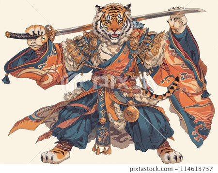 穿著豪華和服的老虎武士,神話生物的獸人藝術 穿著豪華和服的老虎武士,神話生物的獸人藝術 114613737