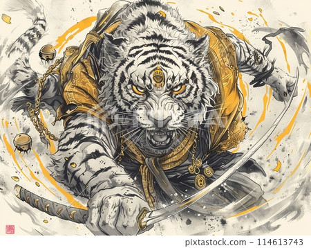 Tiger samurai warrior in gorgeous kimono, mythical creature beastman art Tiger samurai warrior in gorgeous kimono, mythical creature beastman art 114613743