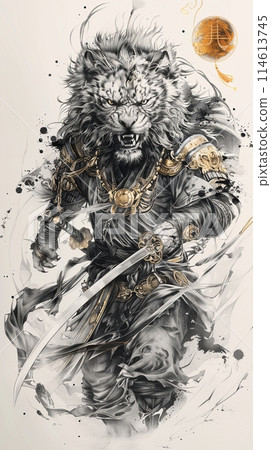 Tiger samurai warrior in gorgeous kimono, mythical creature beastman art 114613745