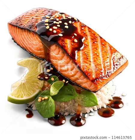 Salmon Teriyaki with grilled salmon fillet teriyaki glaze and sesame seeds in motion with glaze Salmon Teriyaki with grilled salmon fillet teriyaki glaze and sesame seeds in motion with glaze 114613765