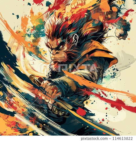 猴子武士在戰鬥姿態,神話生物獸人藝術 猴子武士在戰鬥姿態,神話生物獸人藝術 114613822