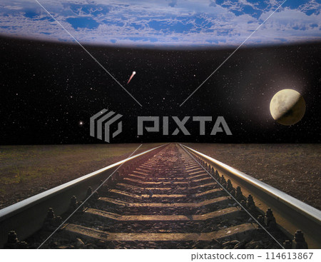 View of rails and the moon at night. Night railway road. Travel concept View of rails and the moon at night. Night railway road. Travel concept 114613867