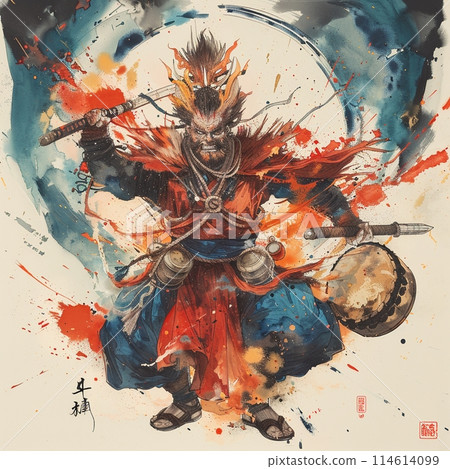 水墨畫中的憤怒雷神，激烈的戰鬥藝術 114614099