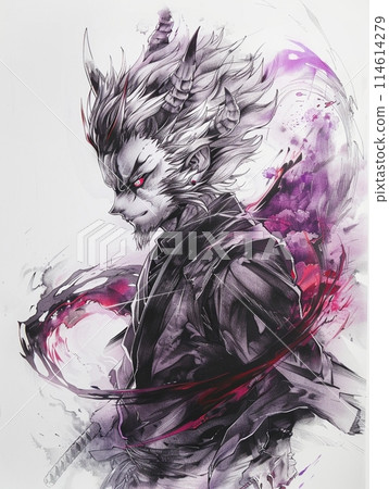 Portrait of a demon samurai with an intense gaze, abstract ink and sumi-e art 114614279