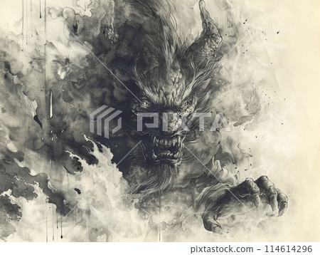 Portrait of a demon samurai with an intense gaze, abstract ink and sumi-e art 114614296