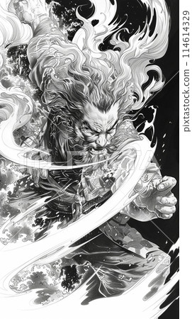 眼神強烈的惡魔武士肖像、抽象墨水和水墨畫藝術 114614329