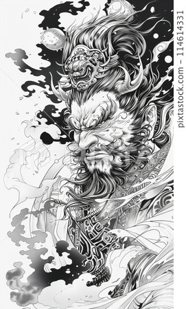 眼神強烈的惡魔武士肖像、抽象墨水和水墨畫藝術 眼神強烈的惡魔武士肖像、抽象墨水和水墨畫藝術 114614331