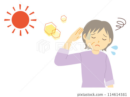 Illustration of an elderly woman feeling unwell due to the heat 114614381