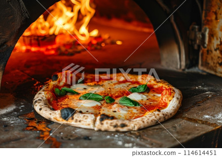 Pizza displayed on table near pizza oven, ready to eat 114614451