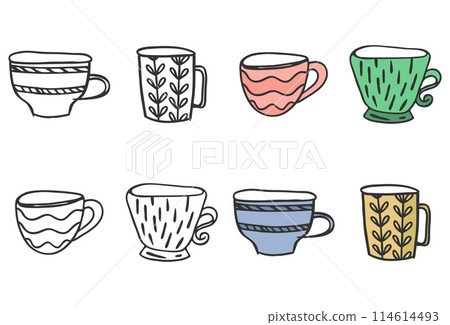Cup symbol Clip art Set. Doodle icon, hand drawn decorative stroke line, black sketch contour, outline, pastel colored cartoon flat design. Isolated elements. Vector 114614493