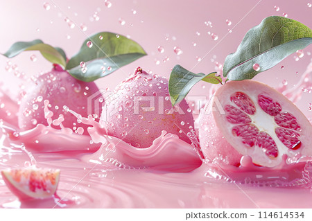 Pink guava fruits and flowing pink liquid 114614534
