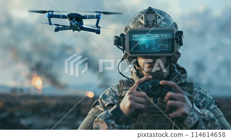 Soldier in futuristic VR glasses on helmet, man wearing military uniform controls drone. Concept of army, intelligence, warfare, cyber technology, future 114614658