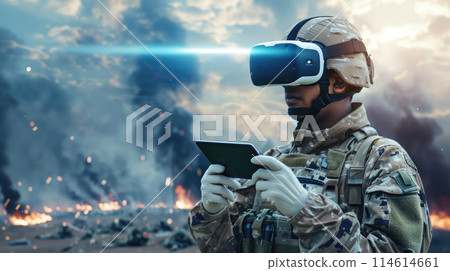 Cyber soldier during battle on smoke background, military man in vr glasses controls robot or drone. Concept of technology, army, war, warfare, operator, 114614661