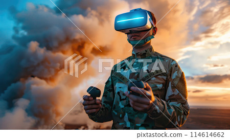Cyber soldier during battle on smoke and fire background, military man in vr headset controls robot or drone. Concept of technology, army, war, warfare, virtual reality 114614662