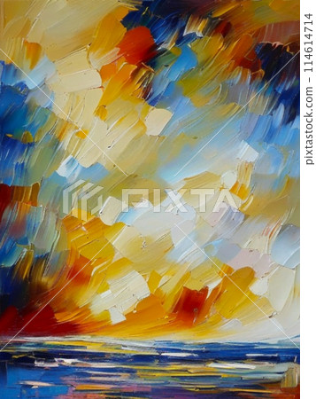 Beautiful sunset sky above clouds with dramatic light. Yellow, orange, red clouds above the horizon. Beautiful evening sky landscape. Sunset over the sea. Generated by artificial intelligence. 114614714