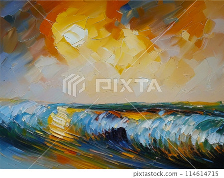 Beautiful sunset sky above clouds with dramatic light. Yellow, orange, red clouds above the horizon. Beautiful evening sky landscape. Sunset over the sea. Generated by artificial intelligence. 114614715
