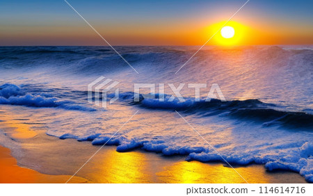 Beautiful sunset sky above clouds with dramatic light. Yellow, orange, red clouds above the horizon. Beautiful evening sky landscape. Sunset over the sea. Generated by artificial intelligence. 114614716