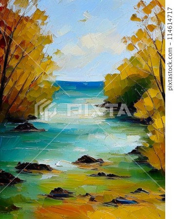 Beautiful sad landscape of autumn fading nature, painted with oil paint. Yellow leaves on the trees. Waves crash against the rugged shore of the lake. Generated by artificial intelligence. Blue sky 114614717