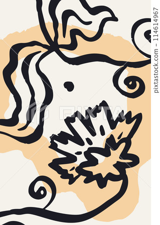 Poster or card with ink brush abstract flower sketch and grungy organic shapes 114614967