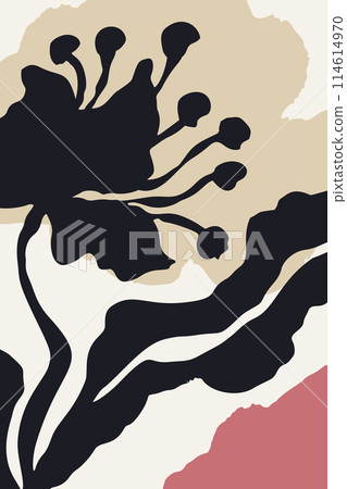 Poster or card with ink brush abstract flower sketch and grungy organic shapes 114614970