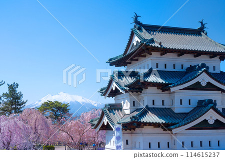 Hirosaki Castle and cherry blossoms in full bloom at Mt. Iwaki 114615237