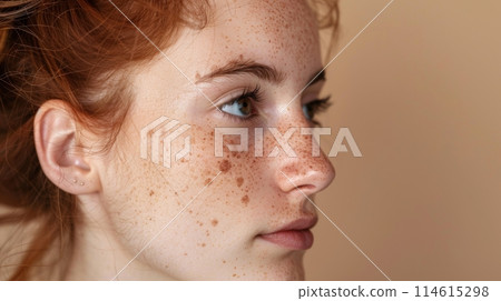 Young woman's profile displaying vitiligo spots on her skin against a plain background 114615298