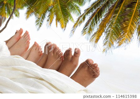 many children's feet peek out from under the blanket against the backdrop of palm trees many children's feet peek out from under the blanket against the backdrop of palm trees 114615398