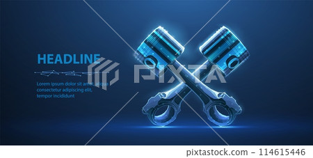 Two piston in cross form on blue. Engine piston, Cylinder additive, Spare rod, Motorcycle motor. Two piston in cross form on blue. Engine piston, Cylinder additive, Spare rod, Motorcycle motor. 114615446