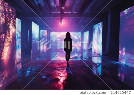 Person strolls through a dynamic digital art exhibition adorned with abstract visuals Person strolls through a dynamic digital art exhibition adorned with abstract visuals 114615447