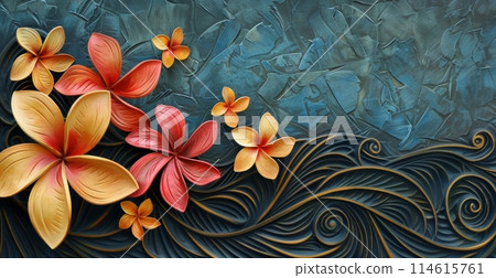 Artistic depiction of colorful plumeria flowers with hawaiian motif background 114615761