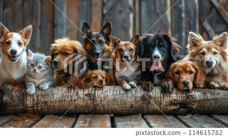 Assorted pets, with dogs and a cat, lounging on a log and displaying camaraderie 114615782
