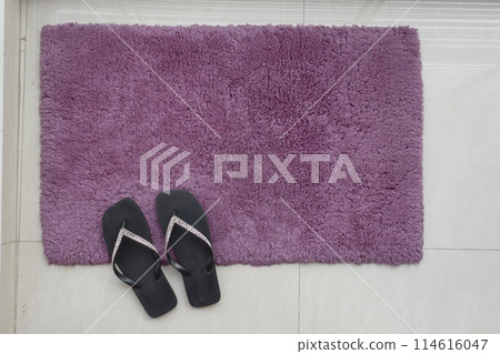 Pair of shoes on a rectangle rug in shades of purple Pair of shoes on a rectangle rug in shades of purple 114616047