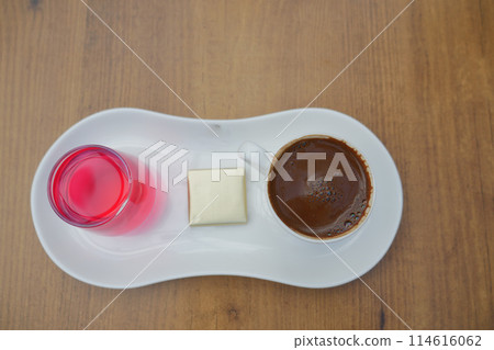 top vie of a cup of turkish coffee on table top vie of a cup of turkish coffee on table 114616062