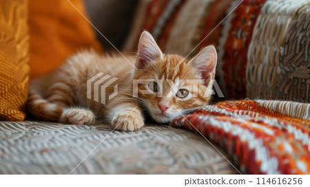 Cute small ginger kitten with captivating eyes resting on a patterned sofa with cushions 114616256