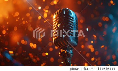 Classic microphone with vibrant bokeh lights and dynamic stage atmosphere 114616344